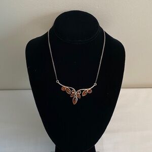 Sterling Silver and Cognac Amber Cabochons Bib Lavaliere Necklace